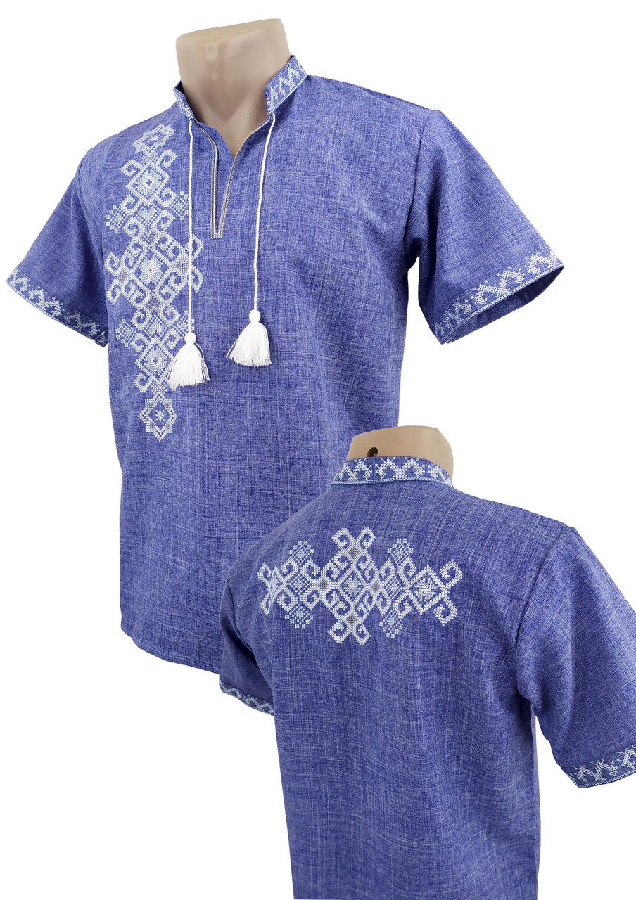 Чоловіча сорочка на короткий рукав із коміром стійкою в вишивкою на спині, фото 1