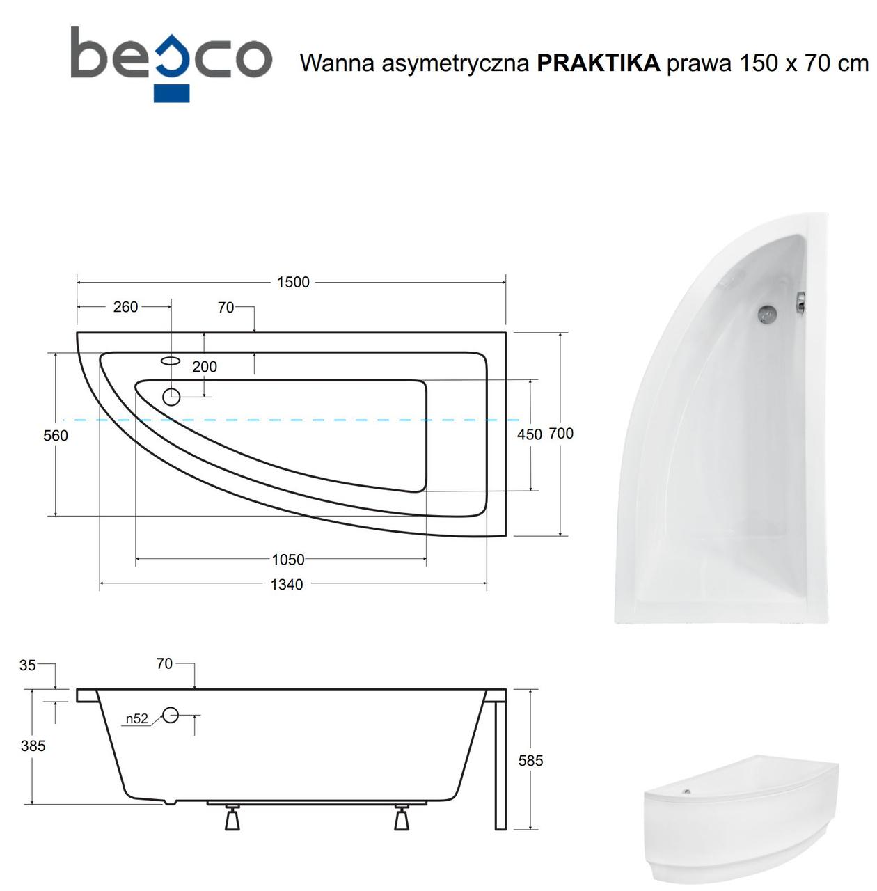 Ванна Praktika 150х70 правая Besco PMD Piramida акриловая асимметричная - фото 6 - id-p250422111