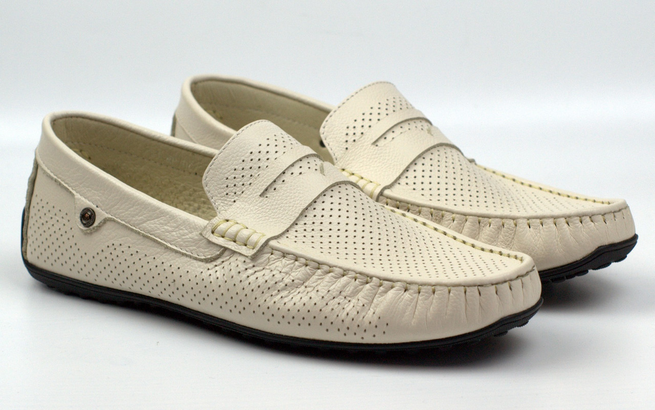 Світло-бежеві літні шкіряні мокасини чоловіче взуття великих розмірів ETHEREAL BS Classic Bleached Beige Perf