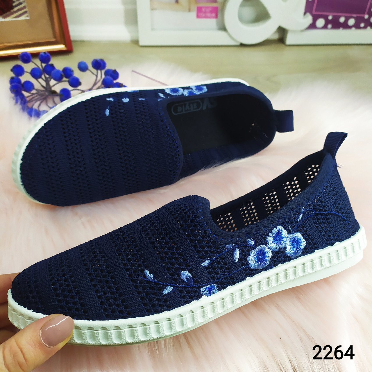 Жіночі текстильні мокасини, сліпони сіточка сині з вишивкою, фото 1