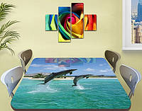 Виниловая наклейка на стол Дельфины в прыжке декоративная пленка с ламинацией аквариум, голубой 60 х 100 см