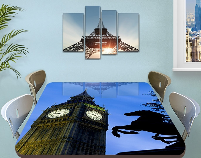 Вінілова наклейка на стіл Годинники Біг Бена Лондон декоративна плівка, що самоклеїться, синій 60 х 100 см