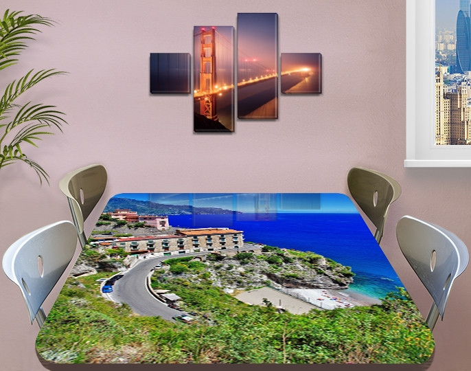 Вінілова наклейка на стіл Море і Будівлі Архітектура плівка з ламінацією, що самоклеїться, синій 60 х 100 см