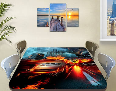 Декоративна наклейка на стіл Вогненний автомобіль, вінілова плівка транспорт, помаранчевий 60 х 100 см