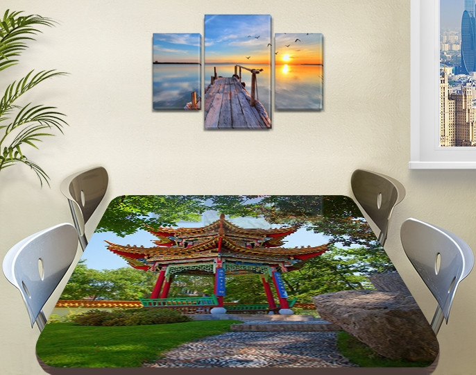 Вінілова наклейка на стіл Східний храм Японія самоклеюча декоративна плівка, Азія, зелений 60 х 100 см