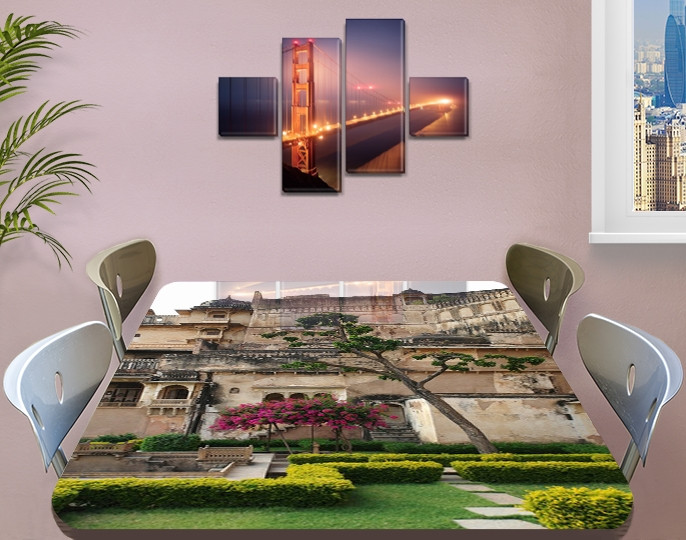 Вінілова наклейка на стіл для столу Замок сад декоративна плівка, самоклеюча, архітектура 60 х 100 см