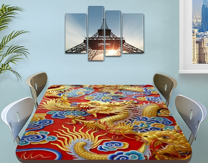 Вінілова наклейка на стіл Золотий дракон тканина самоклеюча декоративна плівка, Азія, червоний 60 х 100 см