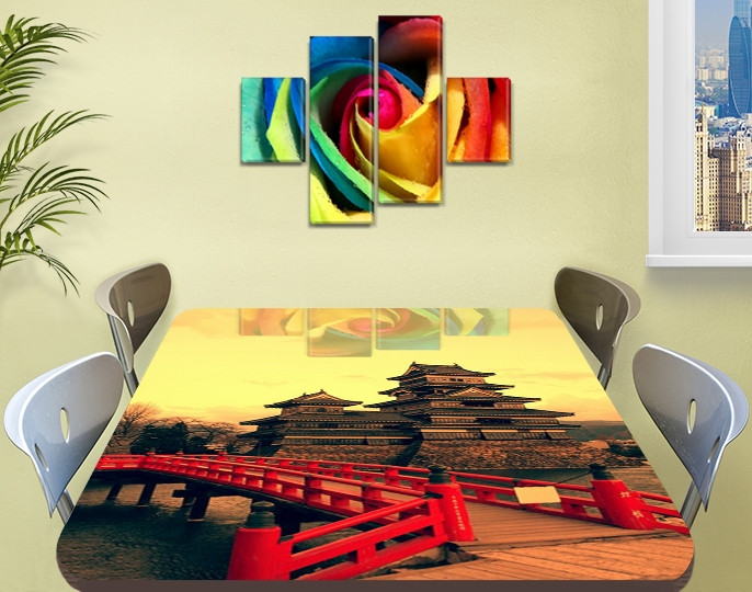 Вінілова наклейка на стіл Червоний міст Японія самоклеюча декоративна плівка, Азія, бежевий 60 х 100 см