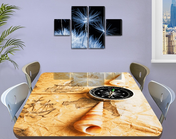 Наклейка на стіл Морська пригода, карта компас черепашка, плівка декор пвх, бежевий 60 х 100 см