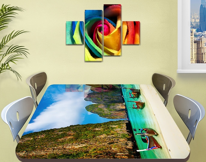 Вінілова наклейка на стіл Тайланд гори та човни, море, зелений 60 х 100 см