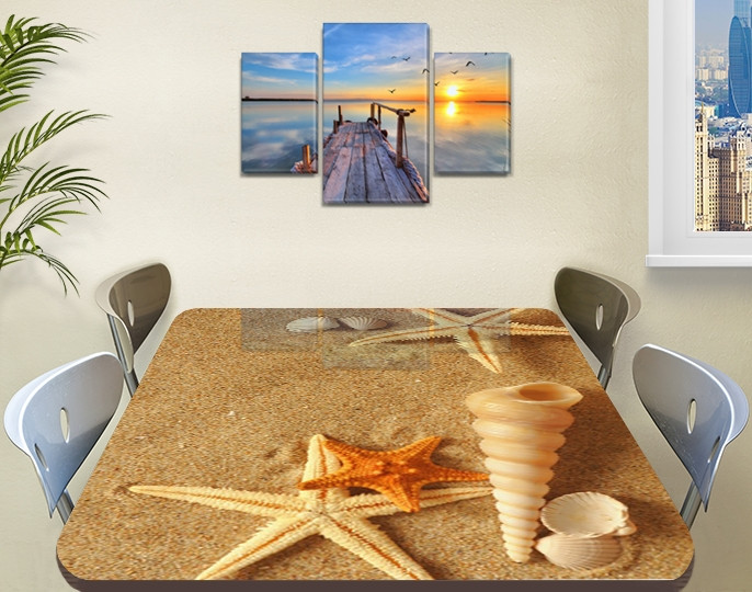 Вінілова наклейка на стіл Пісок і черепашки морські зірки, самоклеюча плівка море, бежевий 60 х 100 см