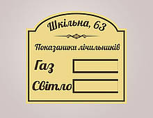 Адресна табличка на будинок з показниками лічильників