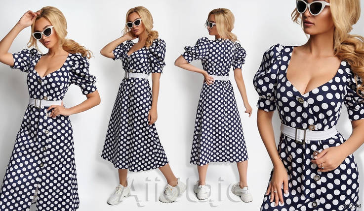 Сукня бавовняна літня міді в горошок на гудзиках з рукавом ліхтарик з поясом та кишенями, фото 2