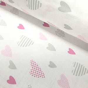 Тканина муслін Двошарова серця сіро-рожеві зі смужкою та горошком усередині на білому (шир. 1,6 м)