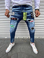 Мужские стильные джинсы (синие с нашивками) 10