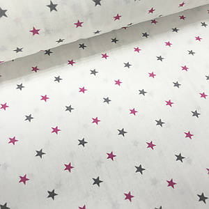 Фланель дитяча зірочки сіро-малинові на білому (пліт г/м2 140)