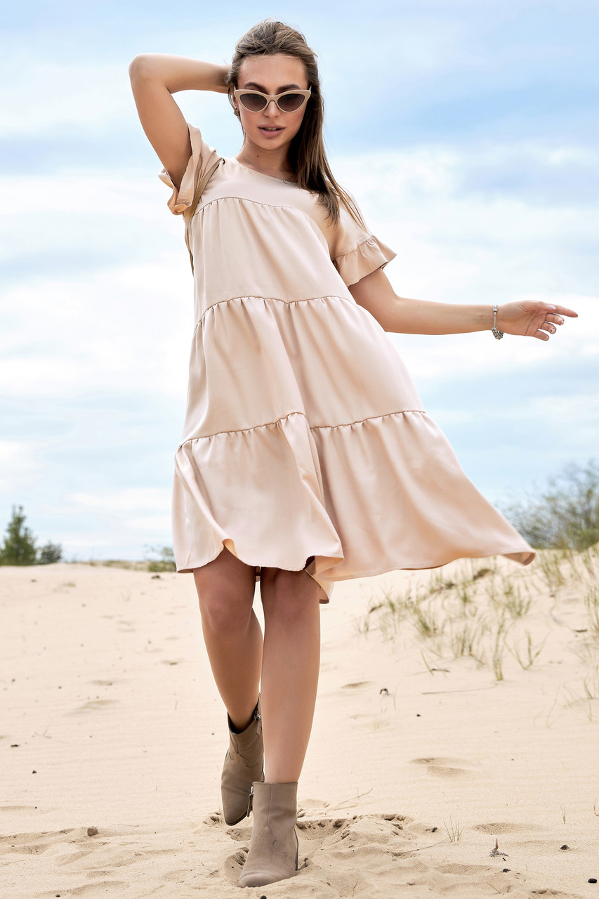 Летнее платье коттоновое с рюшами расклешенное 42-48 размеры кофейное - фото 1 - id-p1195279190