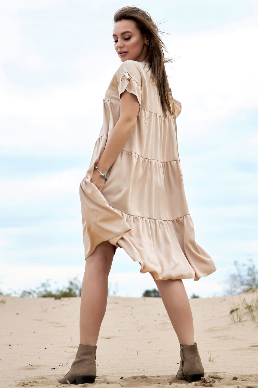 Летнее платье коттоновое с рюшами расклешенное 42-48 размеры кофейное - фото 2 - id-p1195279190
