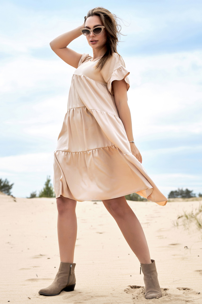 Летнее платье коттоновое с рюшами расклешенное 42-48 размеры кофейное - фото 6 - id-p1195279190