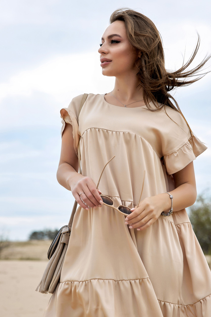 Летнее платье коттоновое с рюшами расклешенное 42-48 размеры кофейное - фото 4 - id-p1195279190