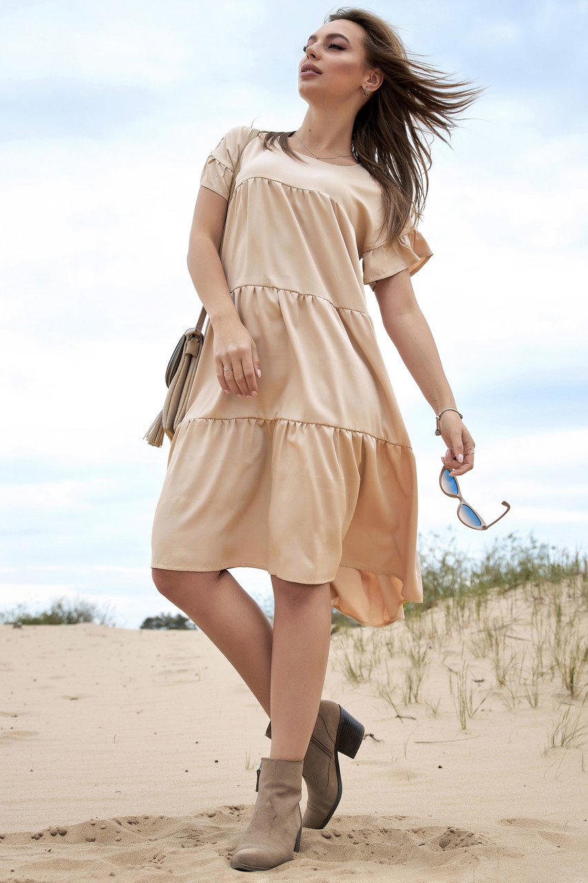 Летнее платье коттоновое с рюшами расклешенное 42-48 размеры кофейное - фото 7 - id-p1195279190