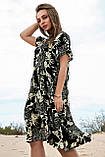 Літнє плаття з льону з рюшами розкльошені 42-48 розміри чорне з принтом, фото 2