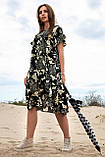 Літнє плаття з льону з рюшами розкльошені 42-48 розміри чорне з принтом, фото 3