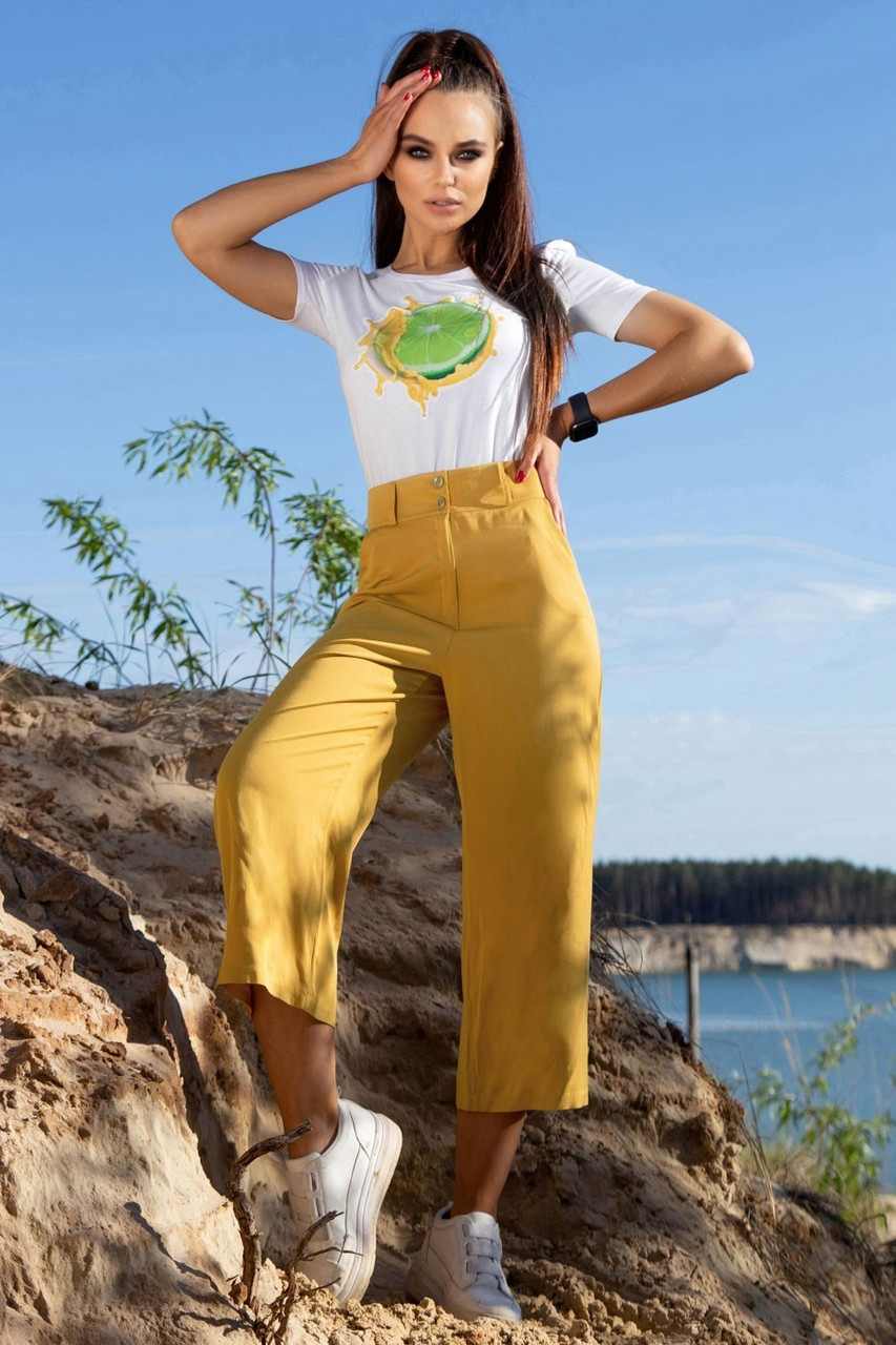 Модні жіночі брюки кюлоти літні 42-48 розміри гірчичні, фото 1