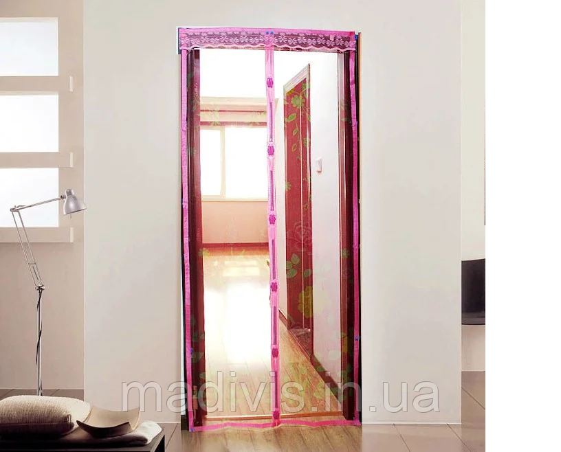 Дверна антимоскітна сітка-штора Magic Mesh на магнітах 100 х 210 см. РОЗОВА з малюнком, фото 1
