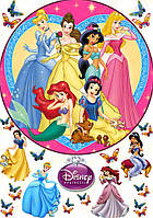 Вафельна картинка на торт "Принцеси Дісней" А4 Одна велика (серце з принцесами, вписаний у коло) і маленькі елементи на аркуші А4