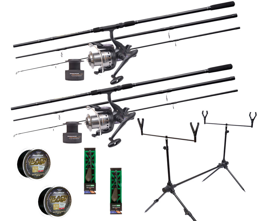 Рибальський набір: Flagman Magnum Black Carp на 2 вудлища з котушками, підставкою + 4 подарунки