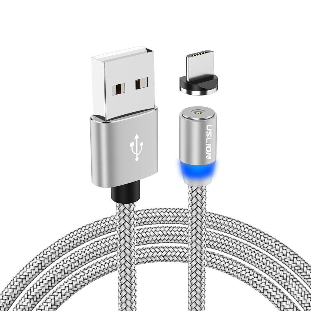 Магнітний кабель для заряджання USLION Micro USB (для андроїд)/USB 2 A з підсвіткою, 1 м Silver