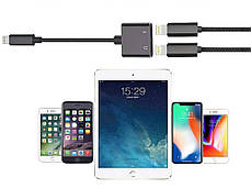 Адаптер перехідник розгалужувач Lightning для iPhone (зарядка + навушники) Alitek 2 в 1 Black, фото 4