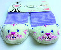 Хлопковые носочки с игрушкой на мыске для детей от рождения до 6 месяцев Сиреневые в белую полосочку с Котиками