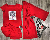 Стильный красный комплект одежды футболка+шорты+халат ТМ Exclusive 047-609-1.