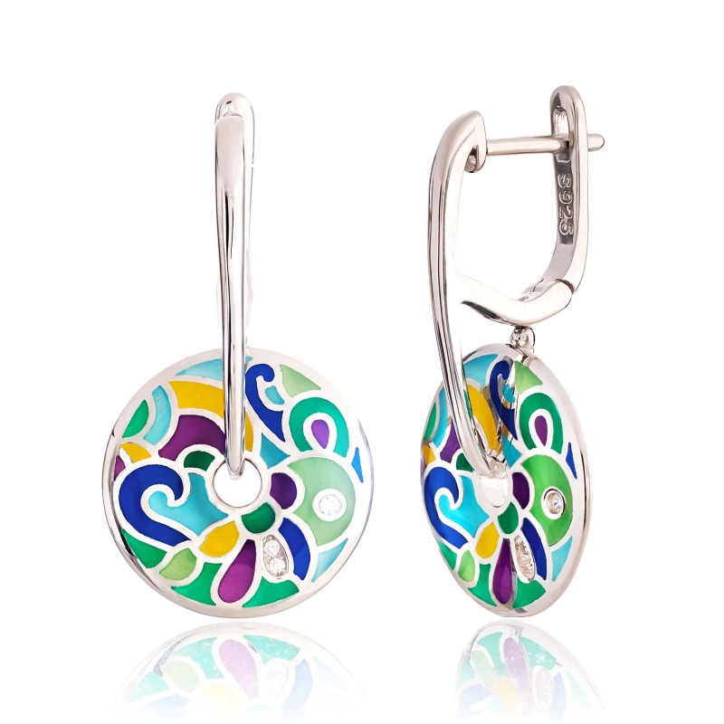 Сережки срібні жіночі 925 проби з емаллю, Сережки підвіски зі справжнього срібла для дівчини, фото 1