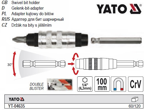 Адаптер тримач біт YATO магніт двосторонній 1/4" 100 мм 30° YT-04635