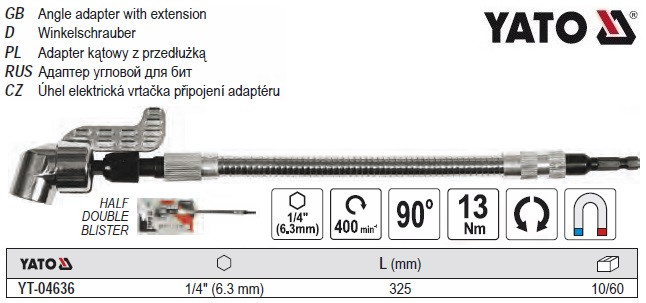 Адаптер тримач біт YATO магніт кутовий 1/4" 325 мм 90° YT-04636