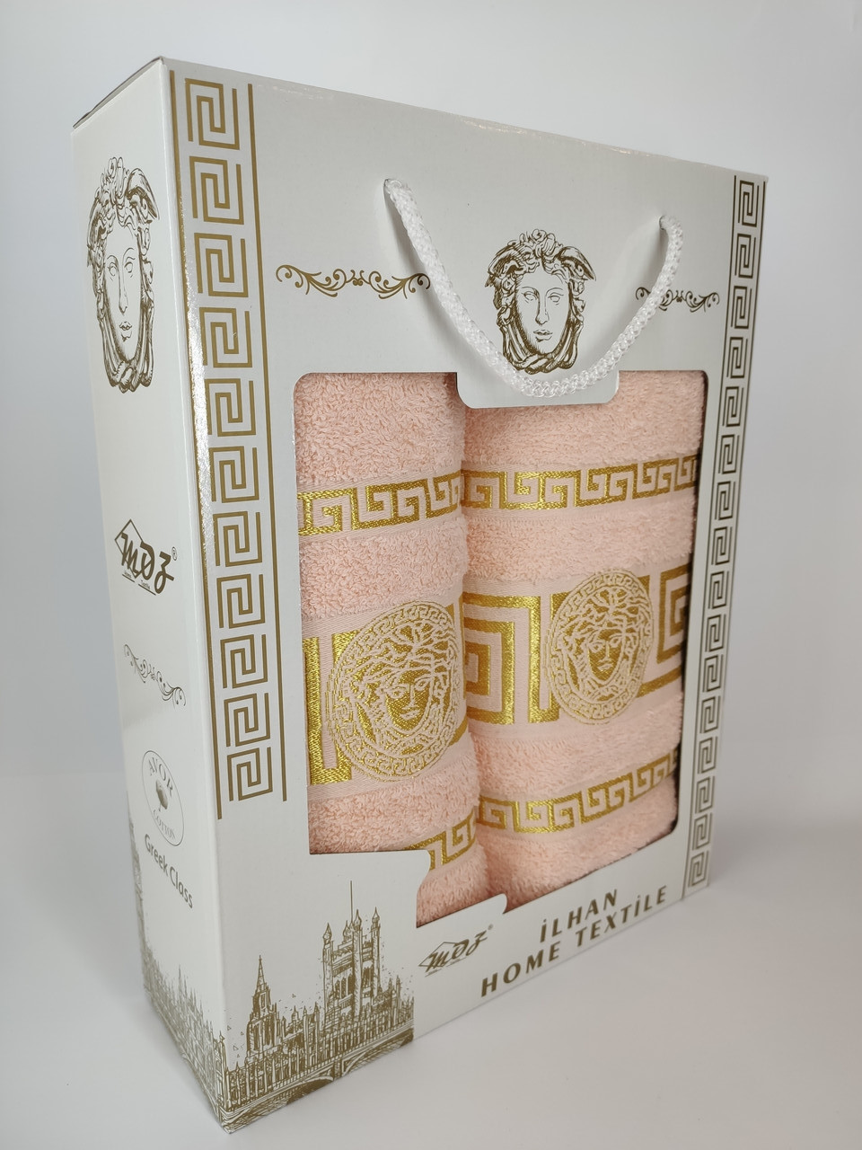 Рушники комплект Versace Персикова Туреччина в подарунковій коробці Банне 70*140 + Лицьова 50*90