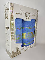 Подарунковий набір махрових турецьких рушників Блакитні Versace Банне 70*140 + Лицьова 50*90