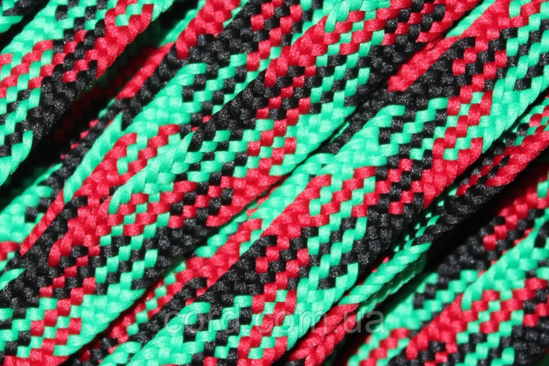 Тесьма(стрічка) шнур плоский поліестер 12мм чорний+червоний+зелений моток 100м, фото 1