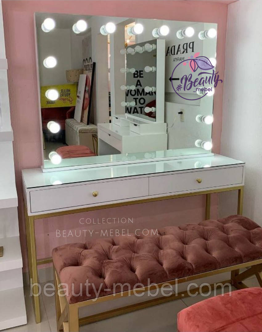 Гримерный стіл для візажиста з високим дзеркалом на металевих ногах, гримерна станція, колір - білий, фото 1