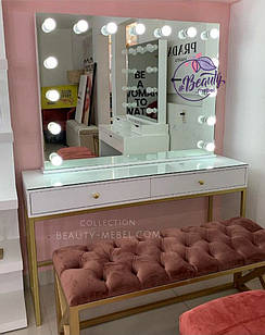 Гримерный стіл для візажиста з високим дзеркалом на металевих ногах, гримерна станція, колір - білий