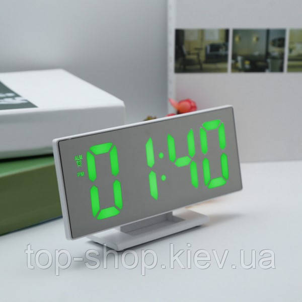Електронні настільні дзеркальні LED годинник з будильником і термометром UKC DS-3618L White, фото 1