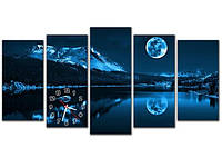Необычная синяя модульная картина с часами 5 модулей, для гостиной Альпы, 150х80 см
