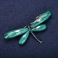 Брошь Стрекоза крылья цвет зеленый изумрудный 70х35мм серебристый металл