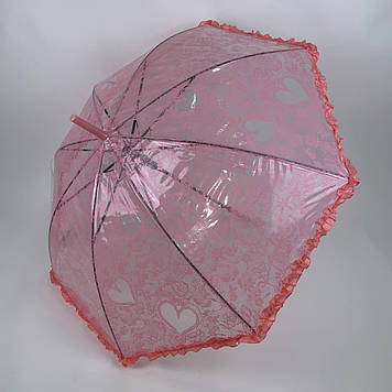 Дитяча парасолька-тростина напівавтомат Рожевий SL, Дитяча прозора парасолька, Дитяча Парасолька з Рюшами для