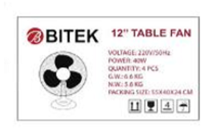 Вентилятор настільний BITEK 30см 40 Вт 3 пластикових лопаті BT-1210