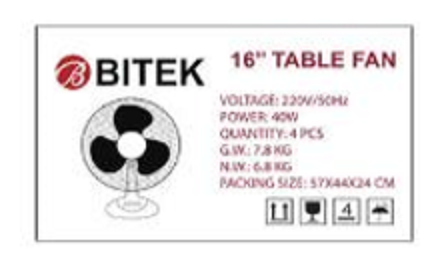 Вентилятор настільний BITEK 40 см 40 Вт 3 пластикових лопаті BT-1610