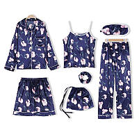 Комплект шелковый с цветами для сна, дома из 7 предметов. Пижама женская атласная L (синий)